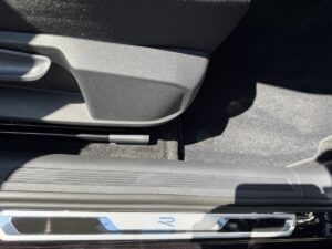 Autotür im Sonnenlicht mit grauer Innenverkleidung und glänzendem "R"-Logo auf dem Schweller.