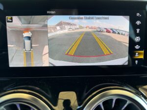Bildschirm zeigt Auto-Rückfahrkamera und Lenkrad in einem Fahrzeug, mit gelben Linien und Menü.