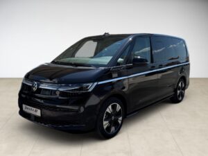 Schwarzer VW Van seitlich, moderne Scheinwerfer, glänzend, auf hellem Hintergrund.