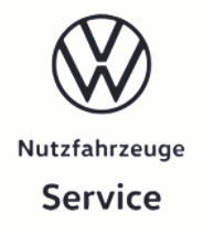 VW Logo mit "Nutzfahrzeuge Service" darunter in Schwarz auf weißem Hintergrund.