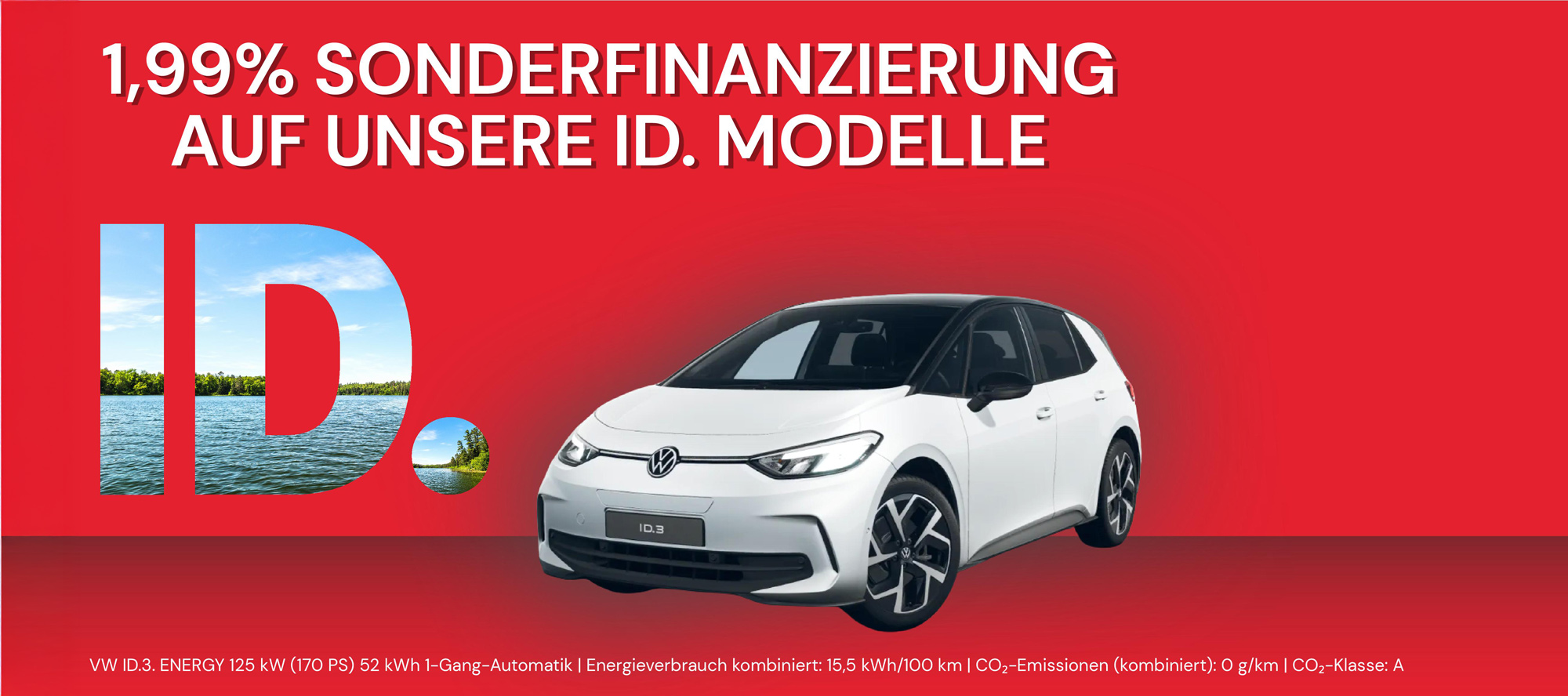 Ein weißer Volkswagen ID.3 mit 1,99 % Finanzierungsangebot auf rotem Hintergrund.