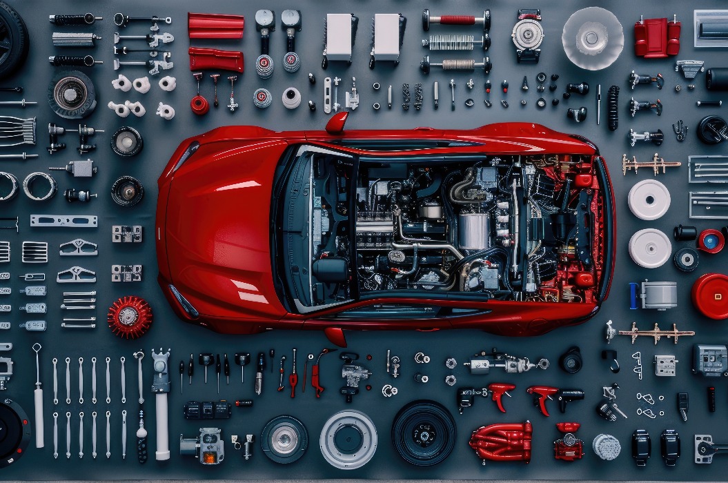 Ein rotes Auto wird zerlegt, und alle Teile sind auf einem grauen Boden verteilt.