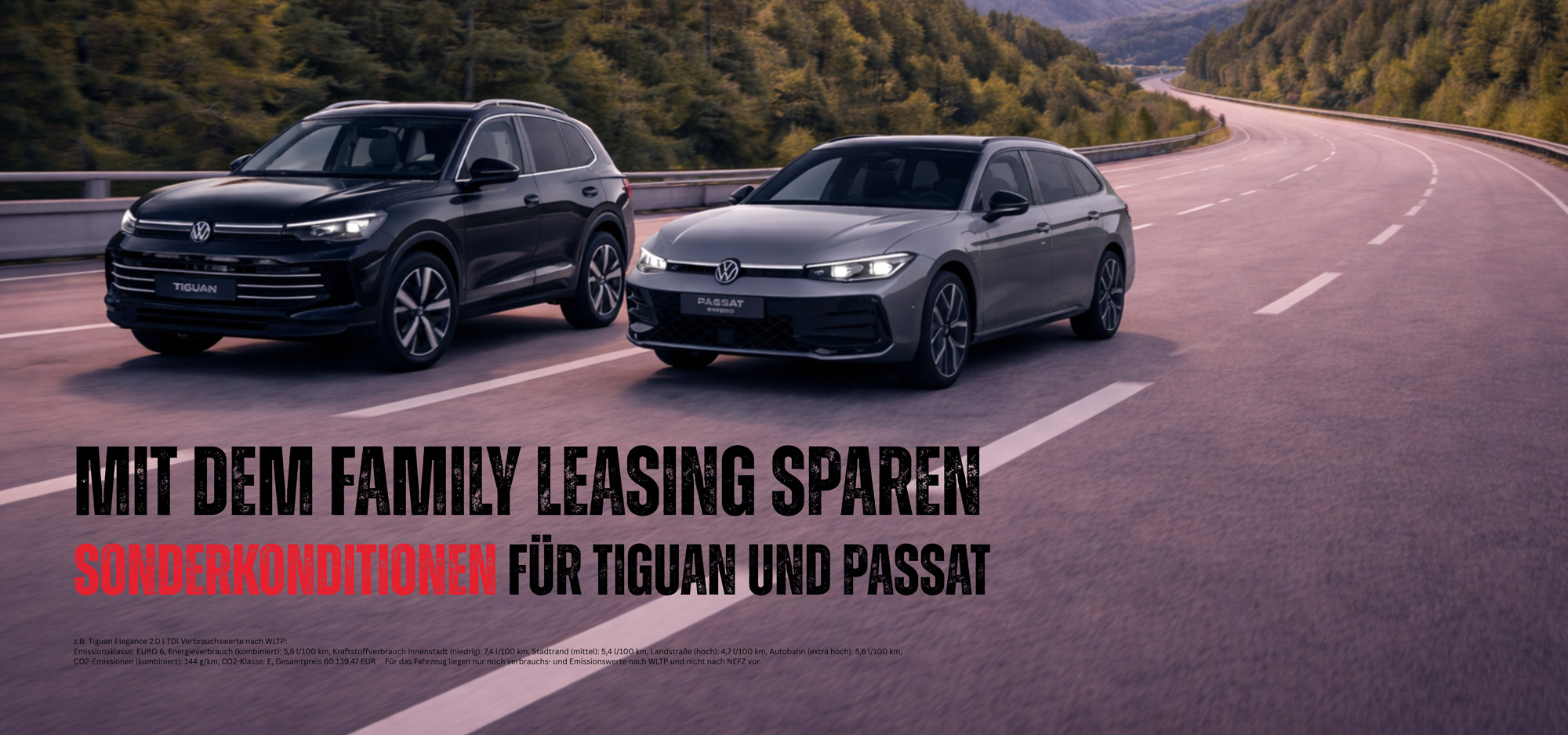 Zwei elegante VW Fahrzeuge fahren nebeneinander auf einer kurvigen Straße im Grünen